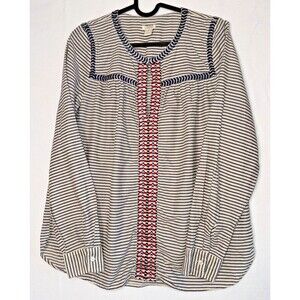 J Crew Blue Striped w/Embroidered Long Sleeve Top Size Small Cotton Peasant Boho